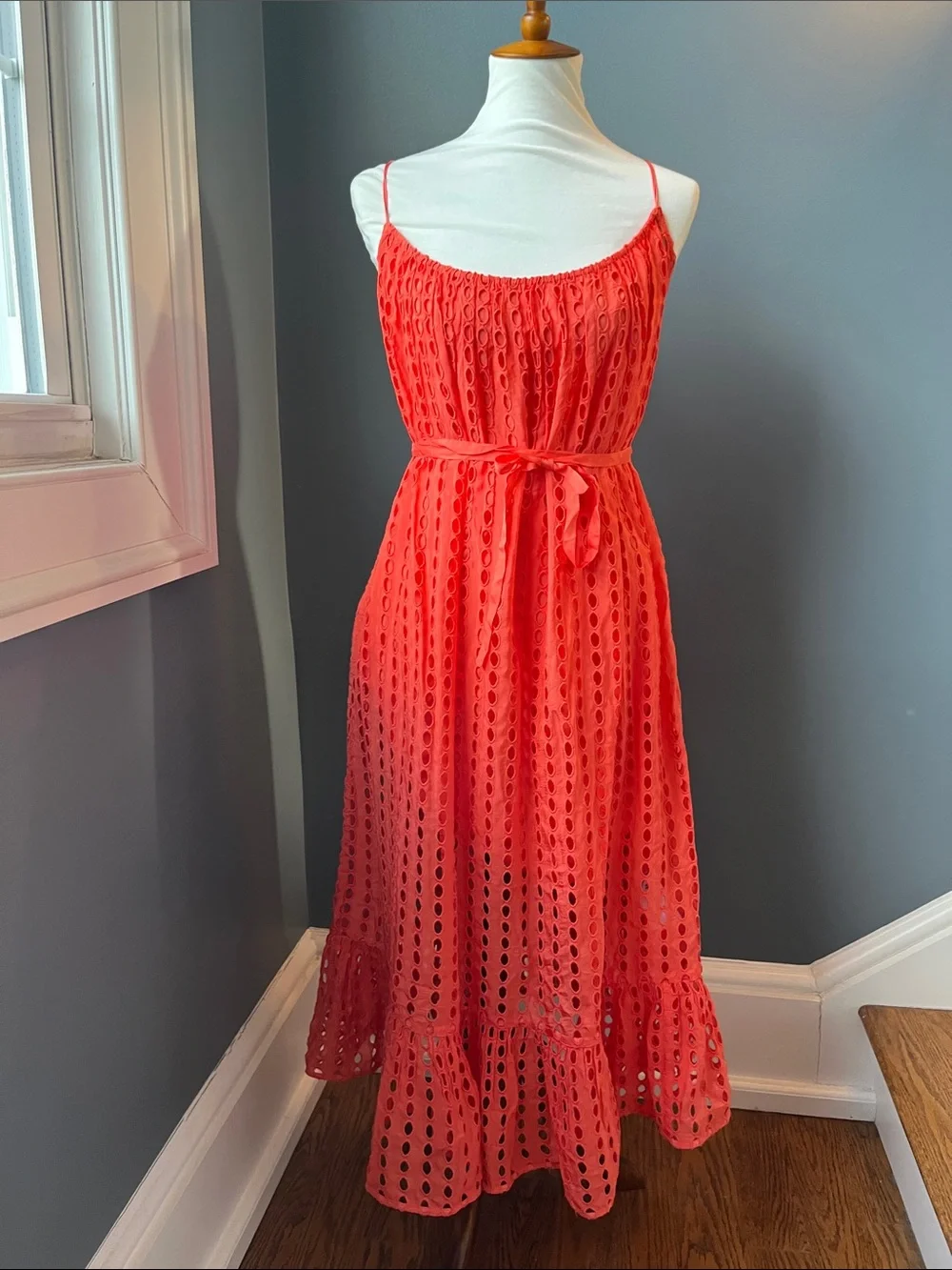 Oval Eyelet Spaghetti-Strap Midi Dress